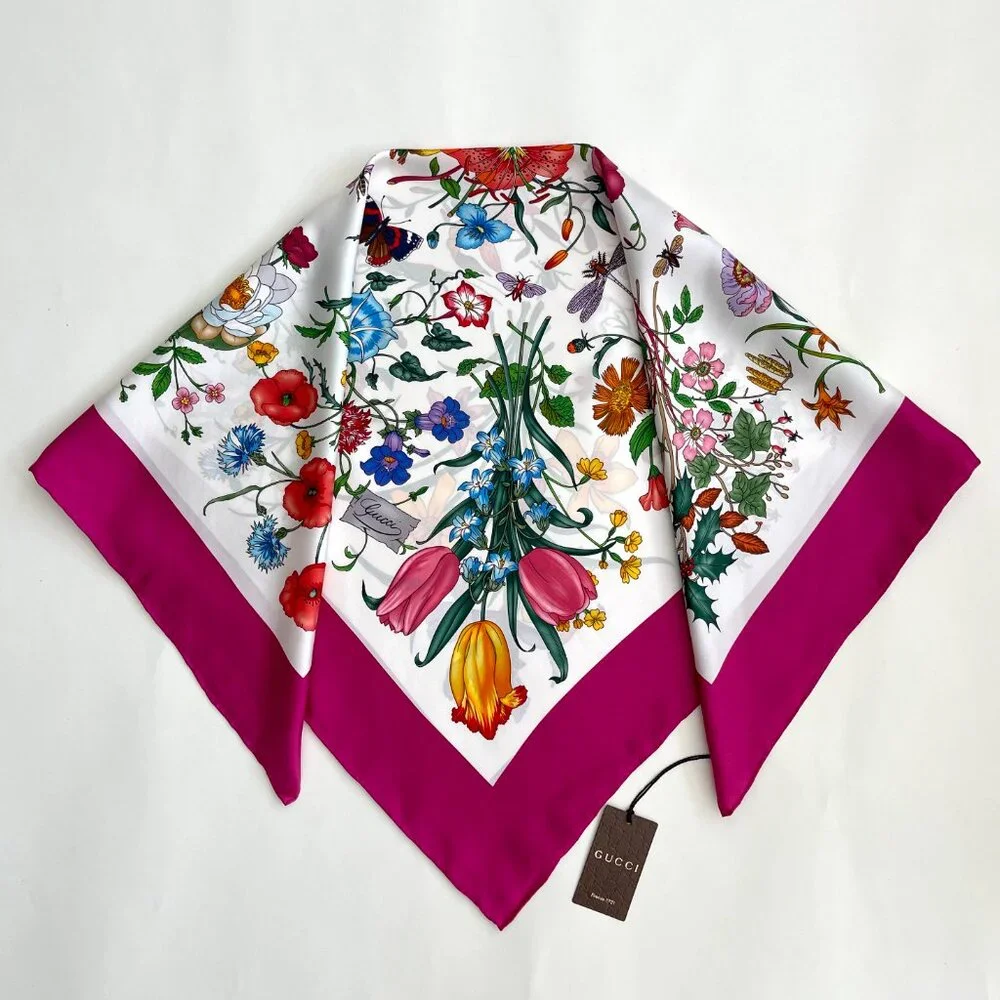 Gucci Silk Wrap Flora Print Logo White Multicolor Pink Border Scarf